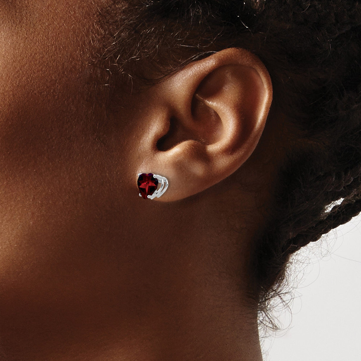 14k White Gold Heart Stud Earrings with Garnet , Romantic Jewelry for Women