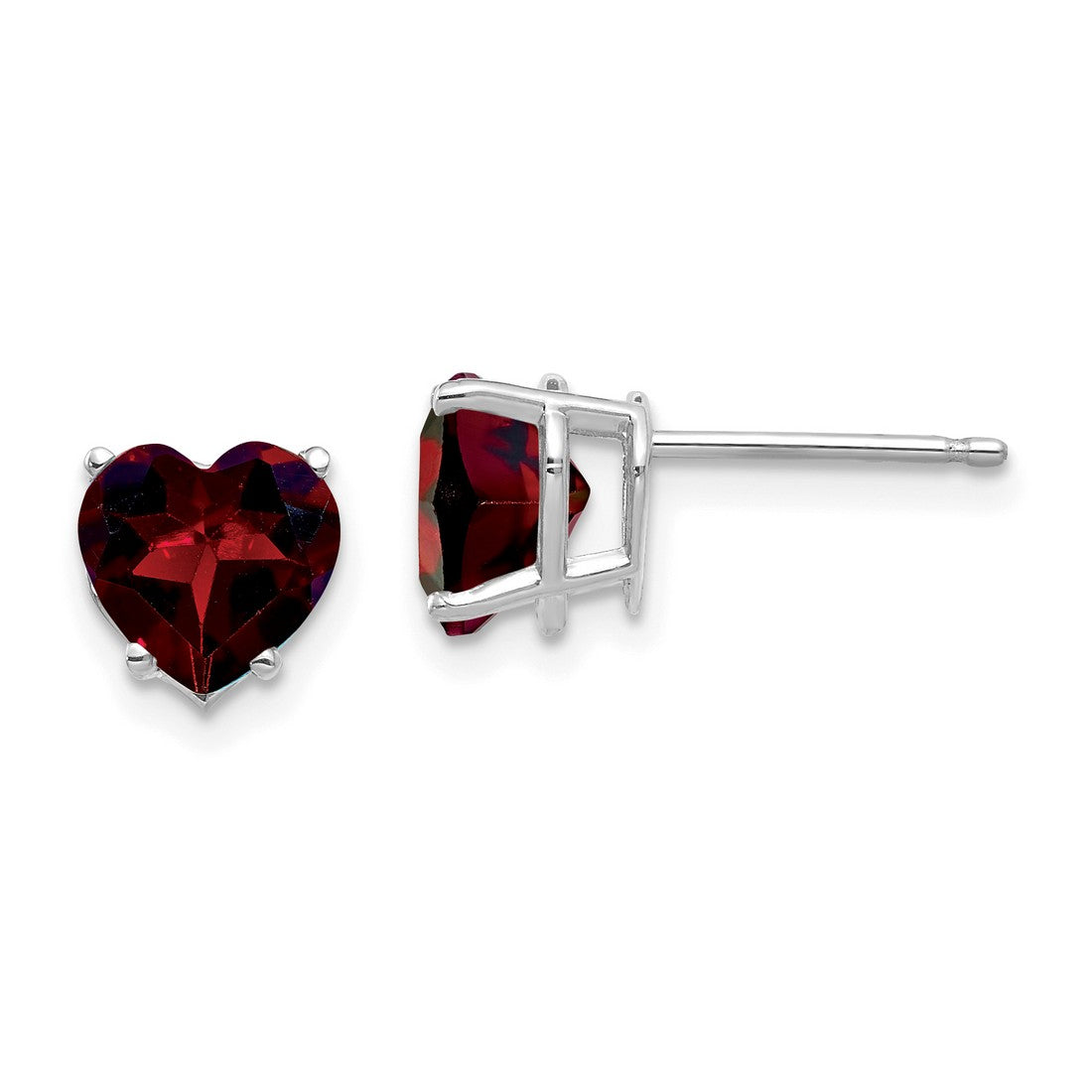 14k White Gold Heart Stud Earrings with Garnet , Romantic Jewelry for Women