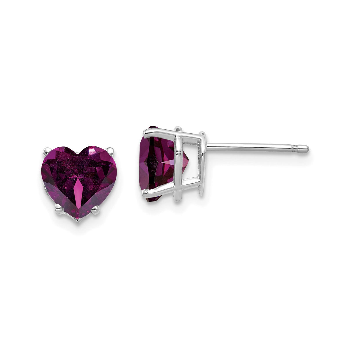 14k White Gold Heart Stud Earrings with Rhodolite Garnet Gemstones