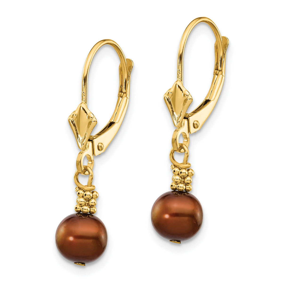 14k Yellow Gold Drop Earrings with Brown Pearls and Gold Bead Accents
