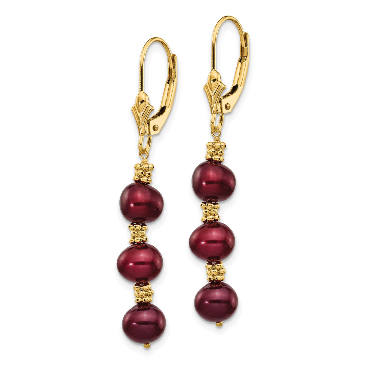 14k Yellow Gold Dangle Earrings with Brown Pearls and Ornate Bead Accents