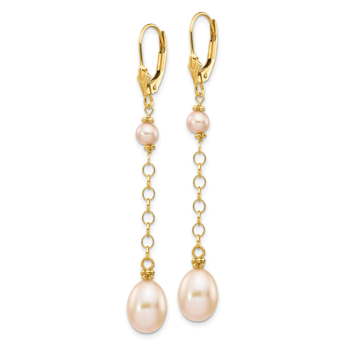 14k Yellow Gold Dangle Earrings with Pink Freshwater Cultured Pearls, Chain Link Design