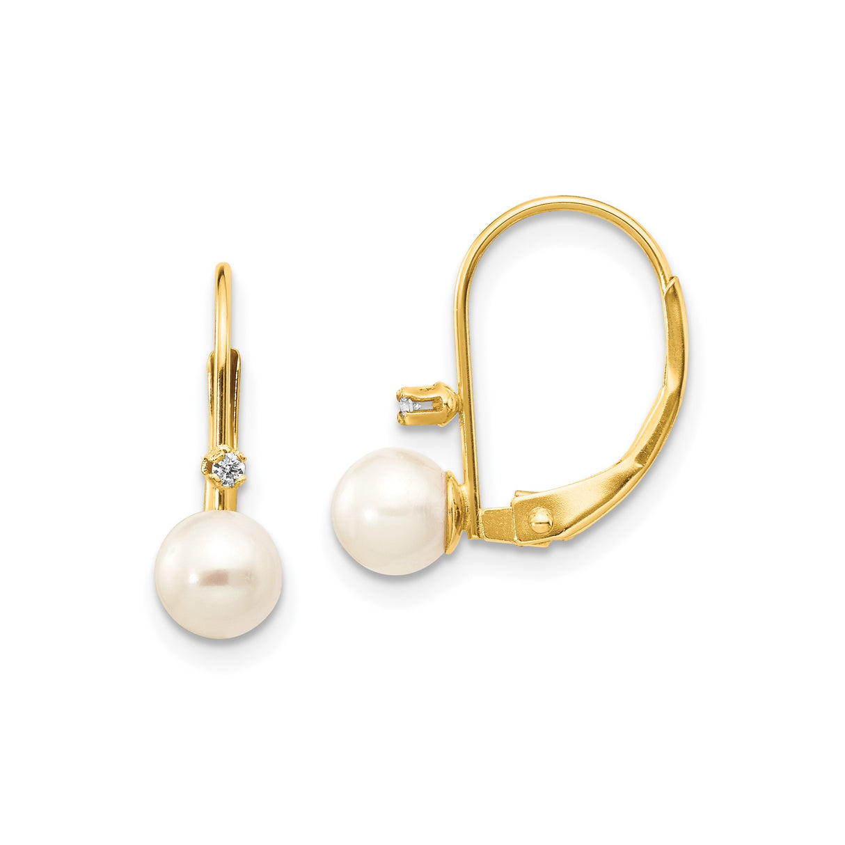 14k Yellow Gold Drop Earrings with Cultured White Pearls and Diamonds, Leverback Bridal Jewelry