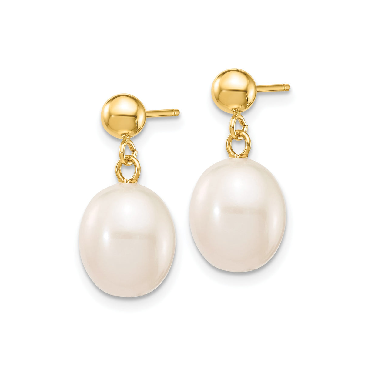 14k Yellow Gold Dangle Earrings with Oval White Freshwater Pearls, Drop Stud Design for Women