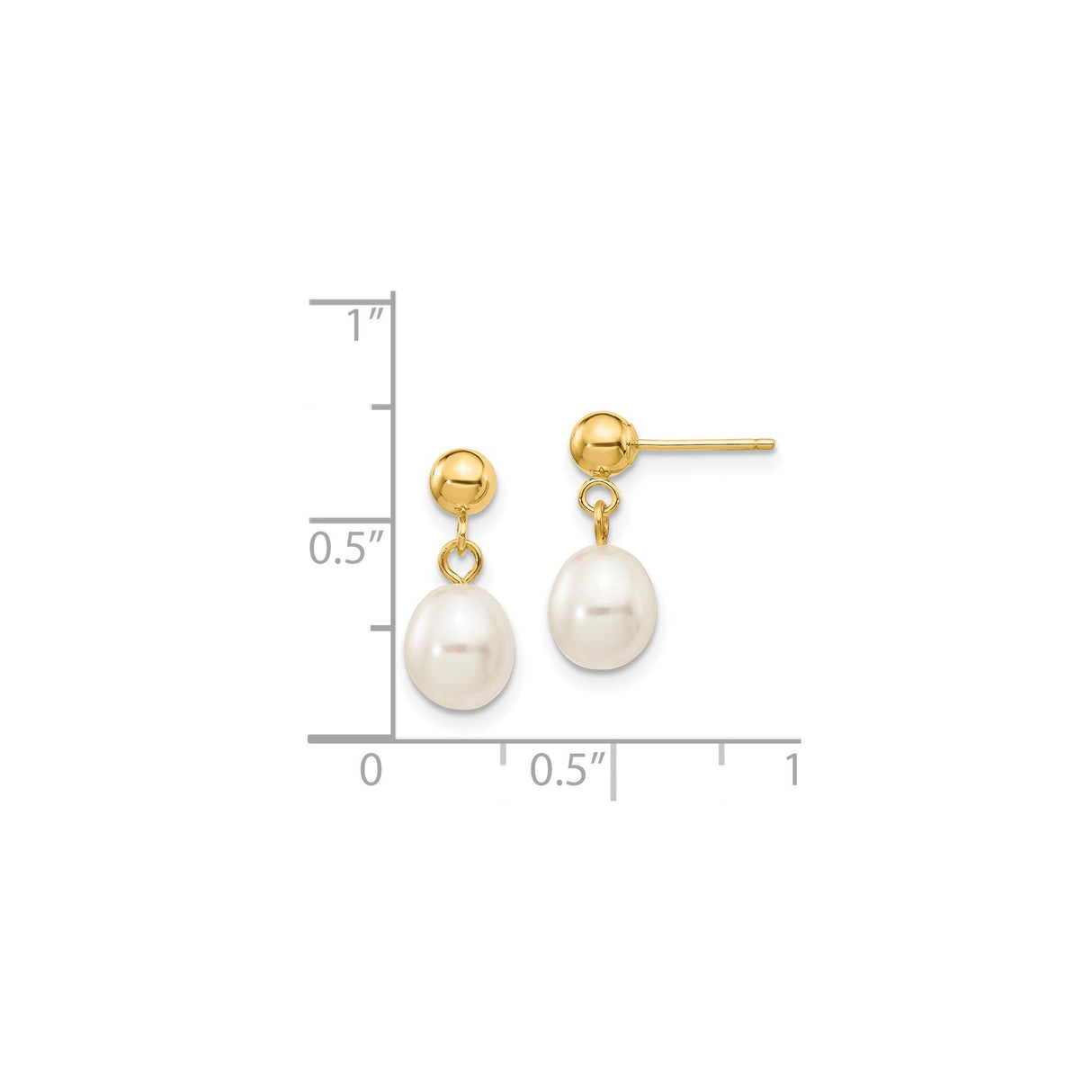 14k Yellow Gold Drop Earrings with White Freshwater Pearls, Dangle Stud Design for Women