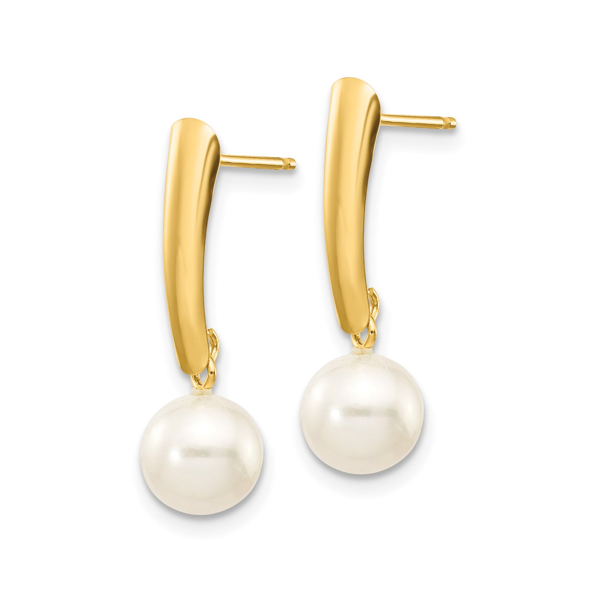 14k Yellow Gold Drop Earrings with White Freshwater Pearls, Classic Dangle Design