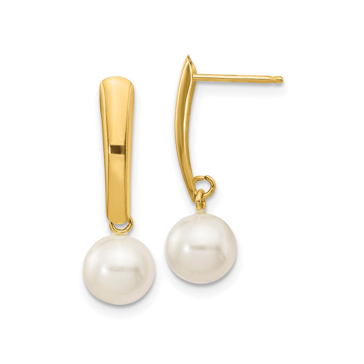 14k Yellow Gold Drop Earrings with White Freshwater Pearls, Classic Dangle Design