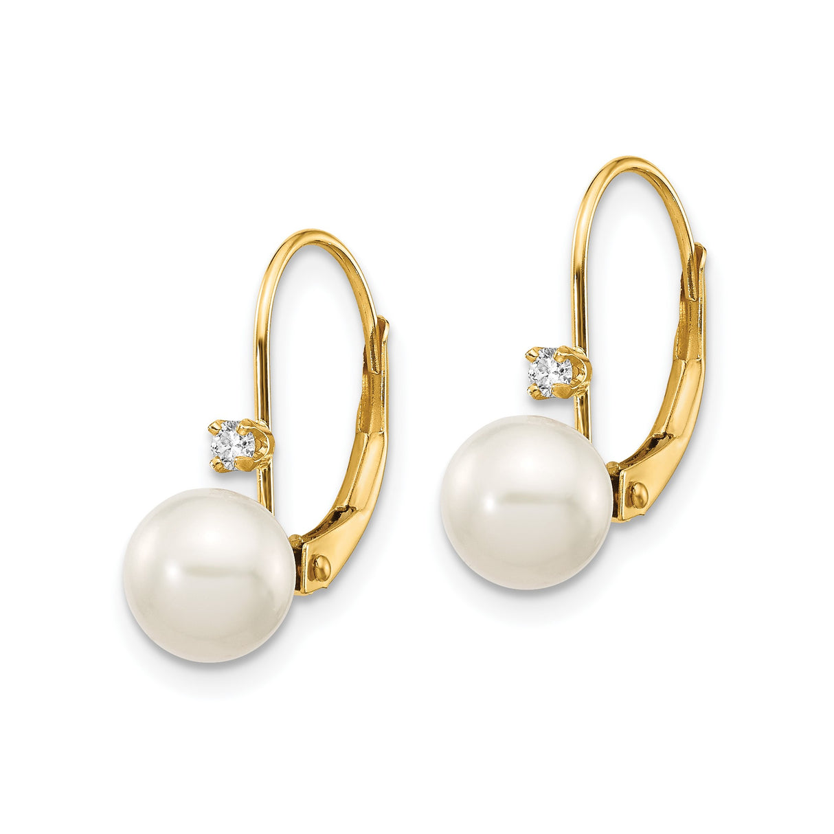 14k Yellow Gold Drop Earrings with White Cultured Pearls and Diamond Accent Leverbacks