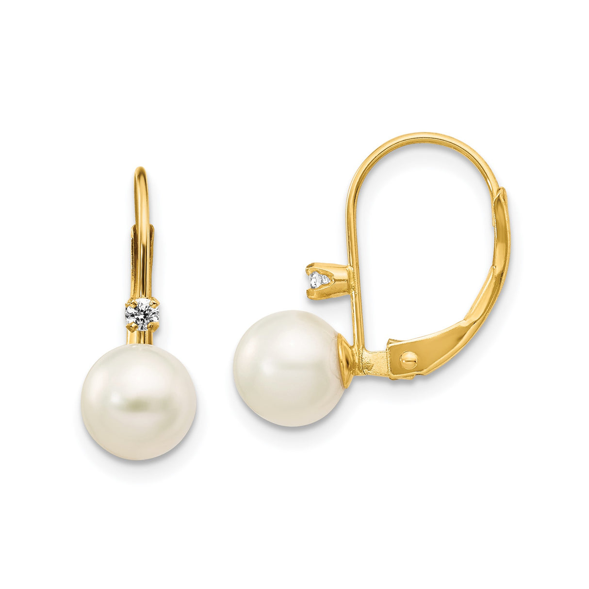 14k Yellow Gold Drop Earrings with White Cultured Pearls and Diamond Accent Leverbacks