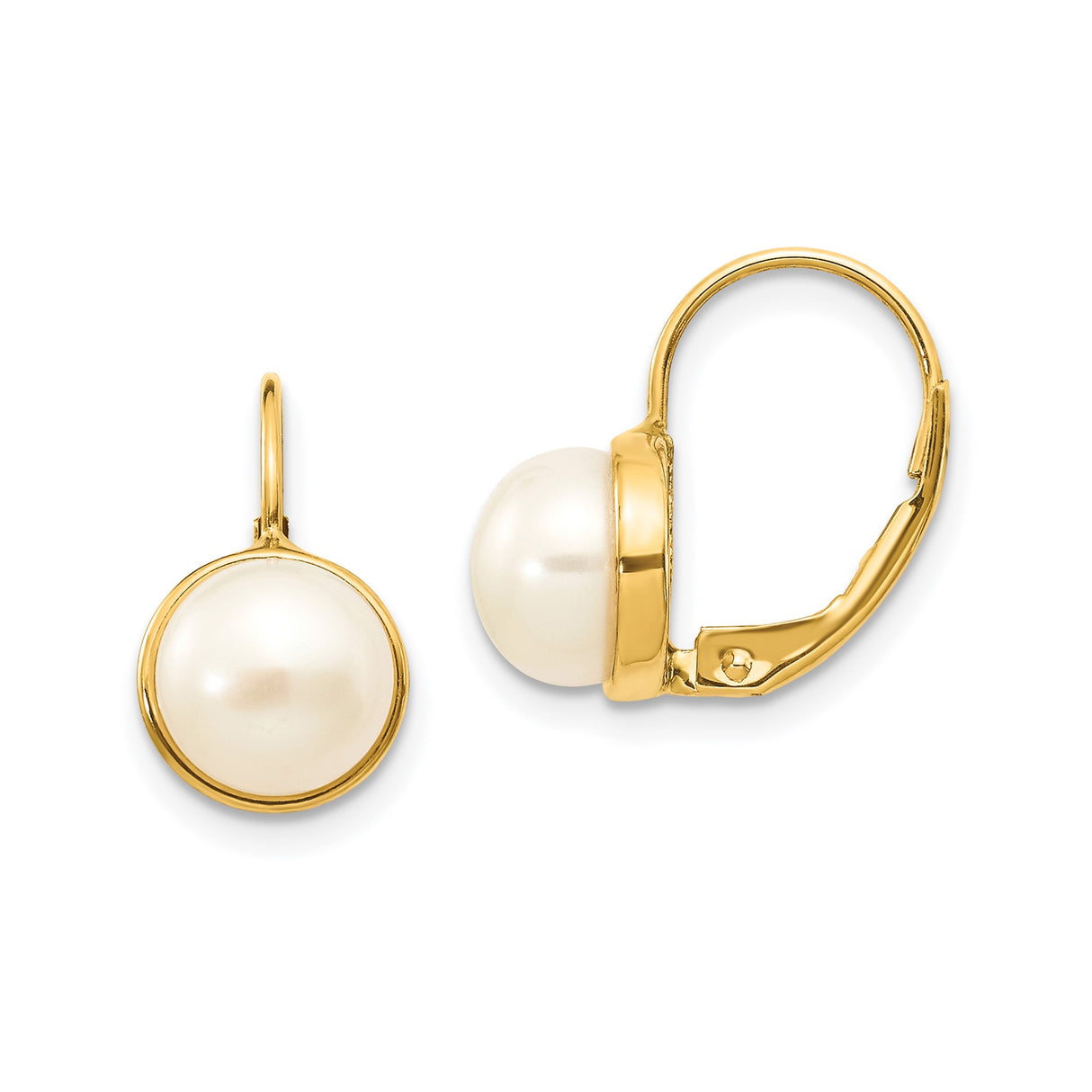 14k Yellow Gold Leverback Earrings with White Freshwater Pearls, Classic Dangle Style