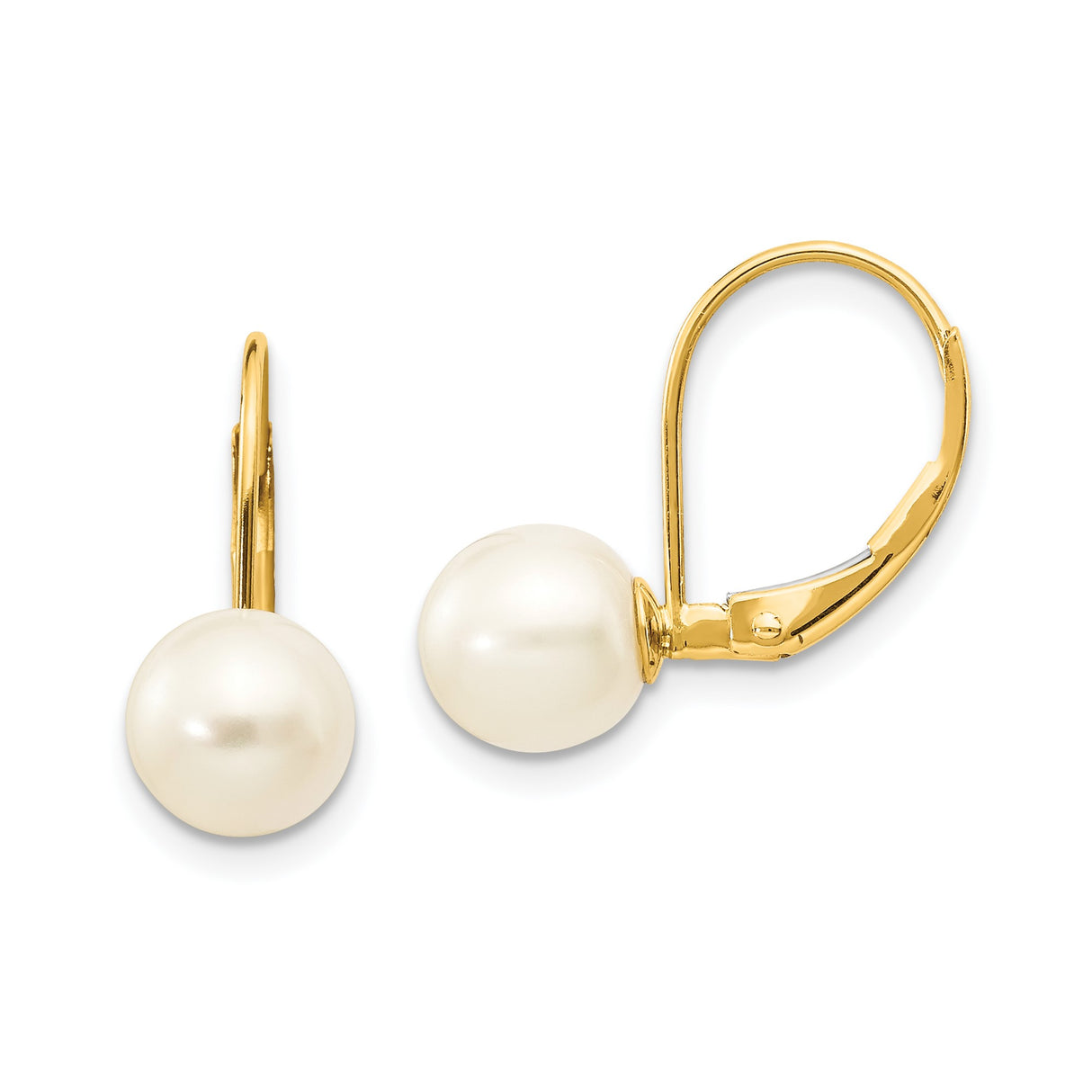 14k Yellow Gold Leverback Drop Earrings with Cultured White Pearls, Lightweight Dangle Design