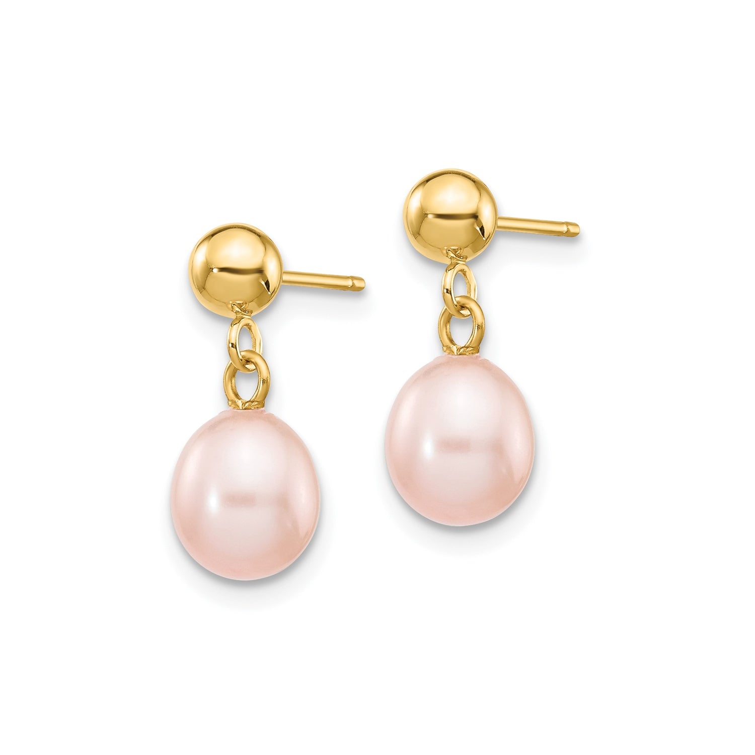 14k Yellow Gold Drop Earrings with Pink Freshwater Cultured Pearls, Dangle Studs for Women