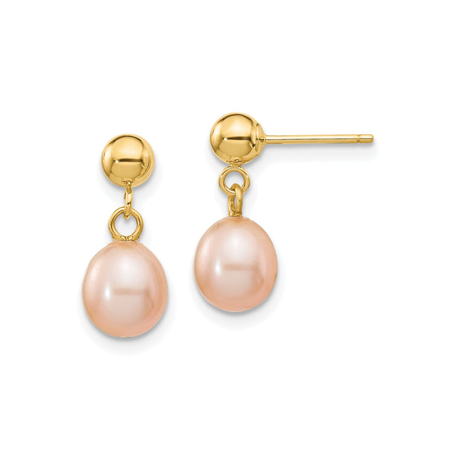 14k Yellow Gold Drop Earrings with Pink Freshwater Cultured Pearls, Dangle Studs for Women