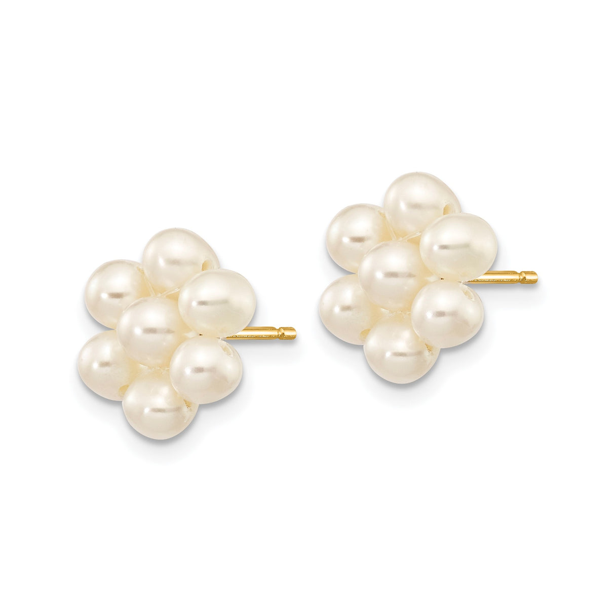 14k Yellow Gold Stud Earrings with White Freshwater Pearls, Floral Cluster Design for Women