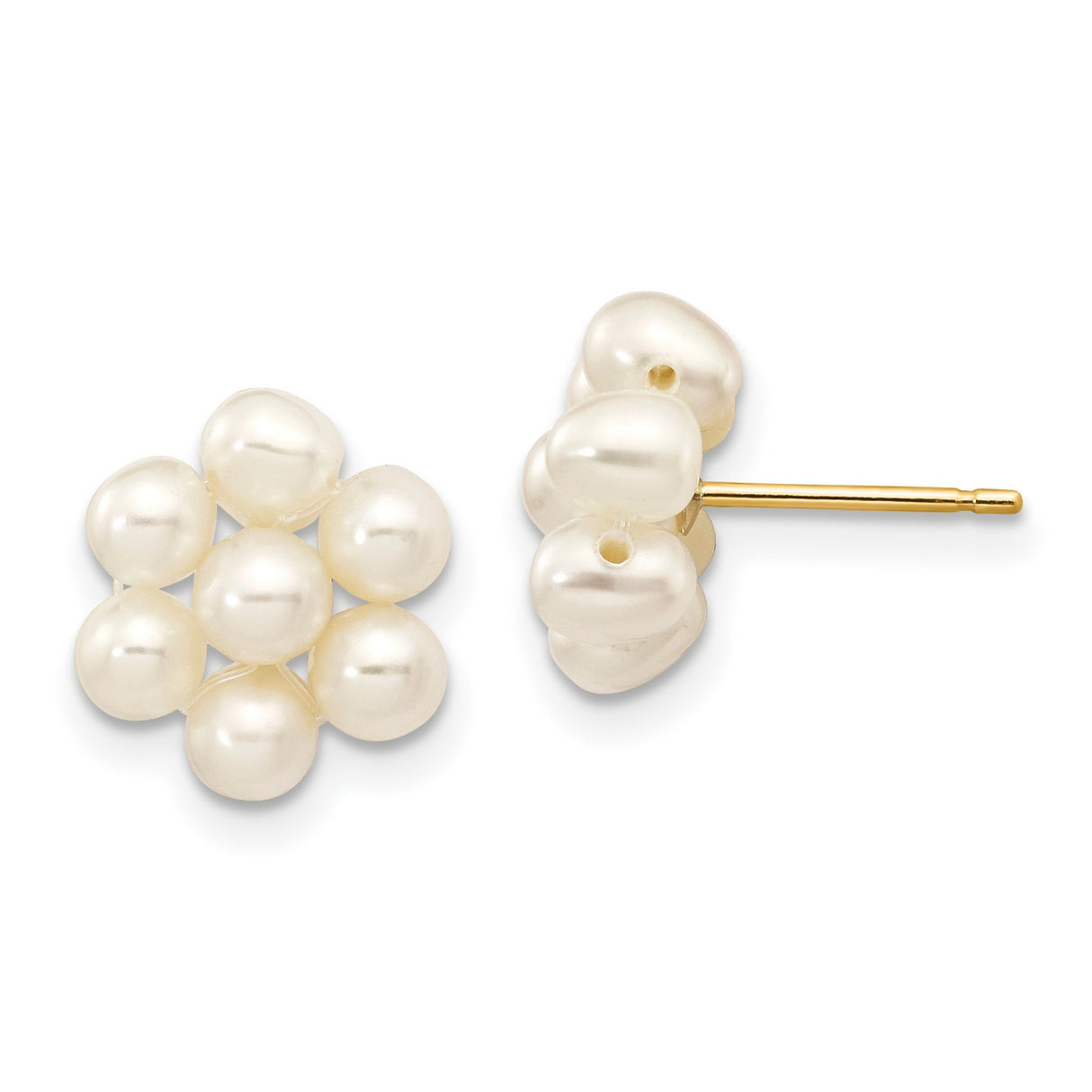 14k Yellow Gold Stud Earrings with White Freshwater Pearls, Floral Cluster Design for Women