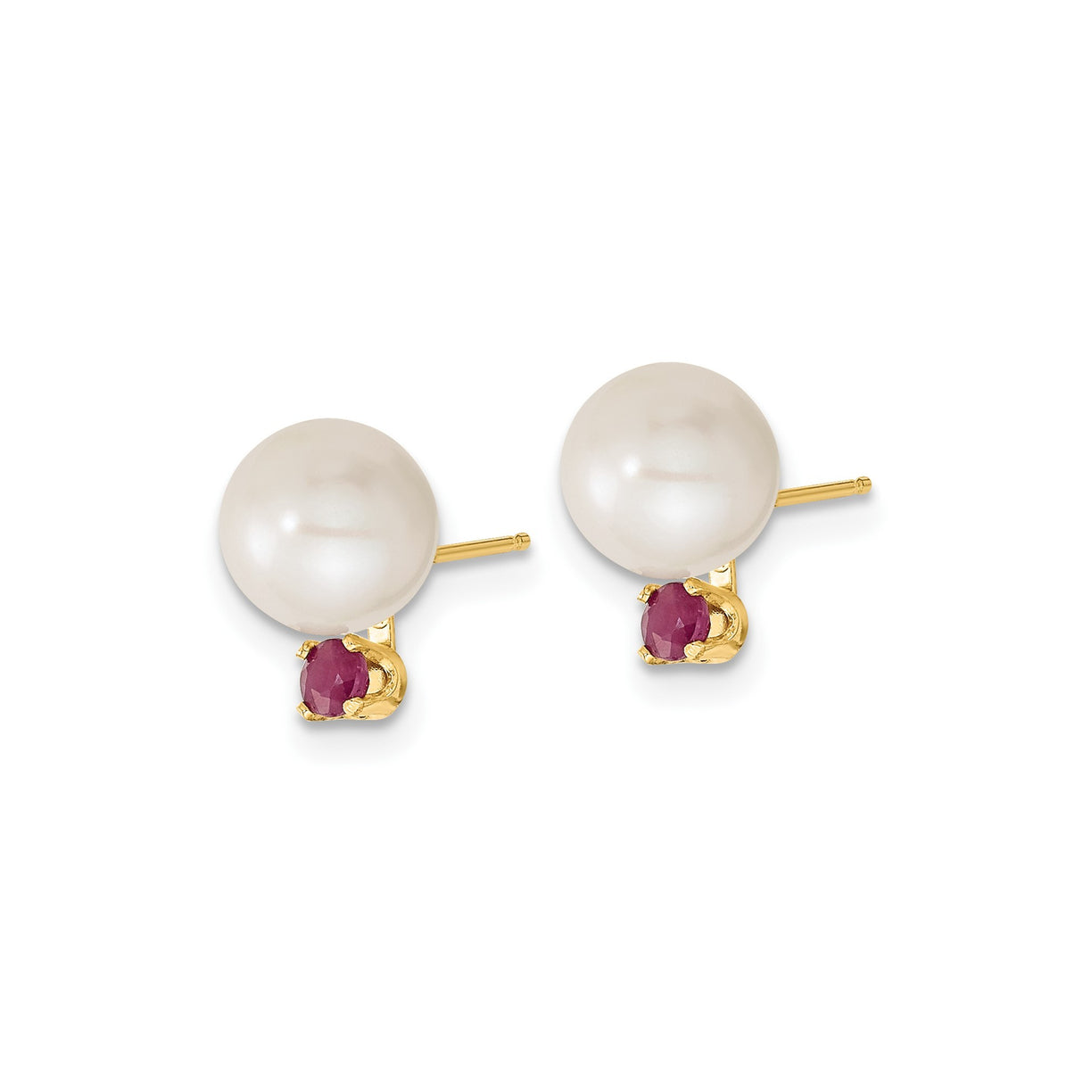 7-8mm White FWC Pearl Ruby Stud Earrings Charm Pendant in Real 14k Yellow Gold