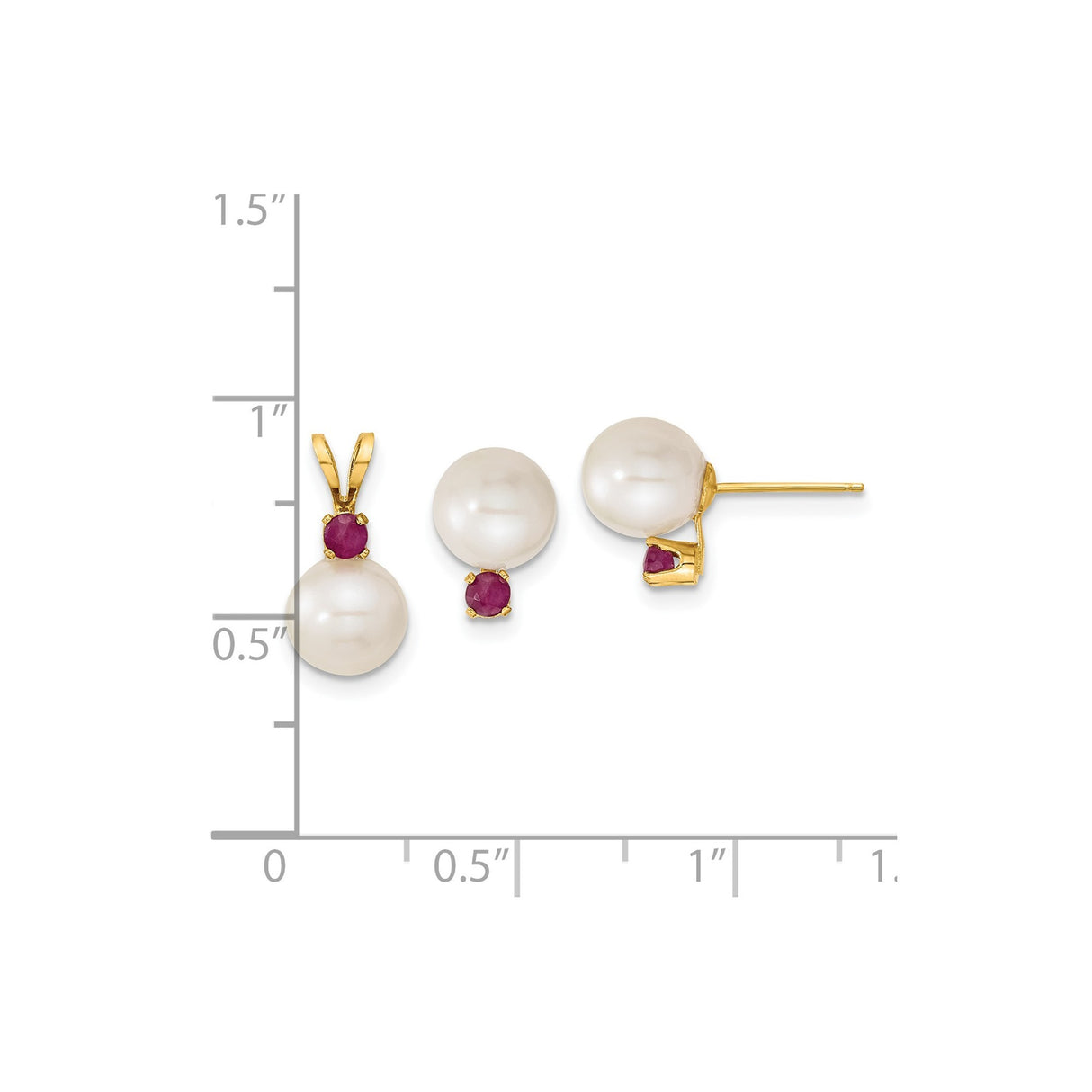 7-8mm White FWC Pearl Ruby Stud Earrings Charm Pendant in Real 14k Yellow Gold