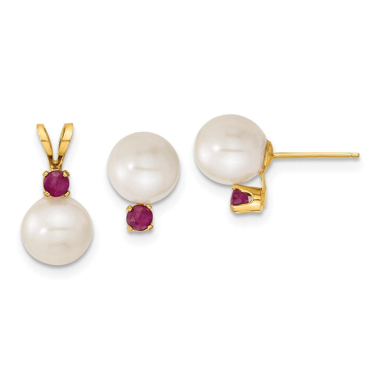 7-8mm White FWC Pearl Ruby Stud Earrings Charm Pendant in Real 14k Yellow Gold