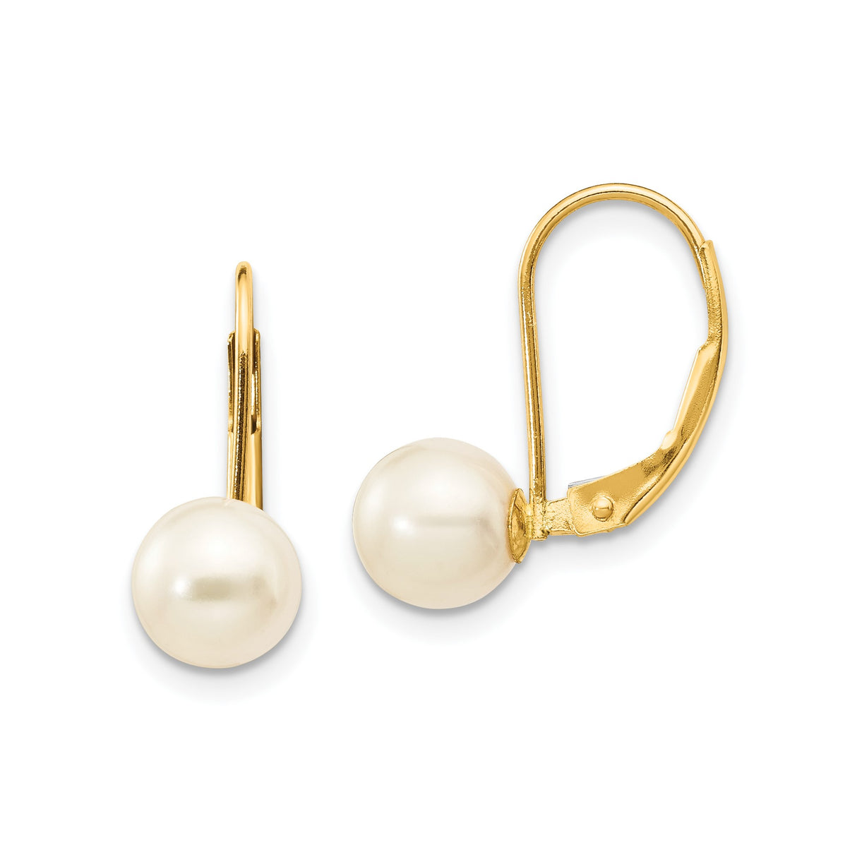 14k Yellow Gold Leverback Earrings with White Cultured Pearls, Classic Drop Style