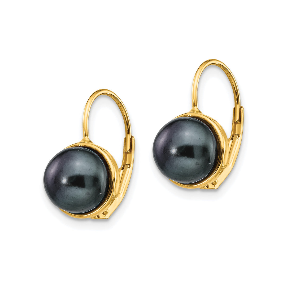 14k Yellow Gold Leverback Earrings with Round Black Freshwater Pearls, Classic Drop Design