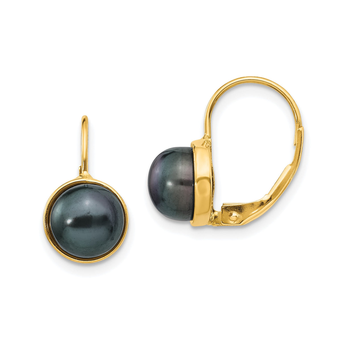 14k Yellow Gold Leverback Earrings with Round Black Freshwater Pearls, Classic Drop Design