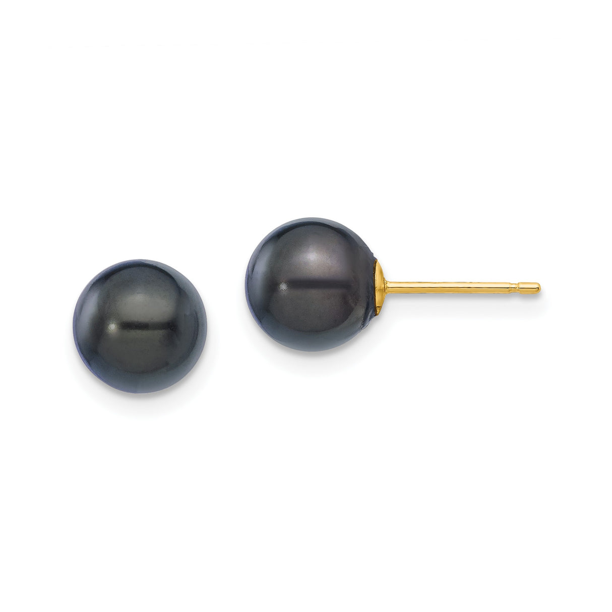 14k Yellow Gold Stud Earrings with Black Cultured Pearls, Classic Design for Women