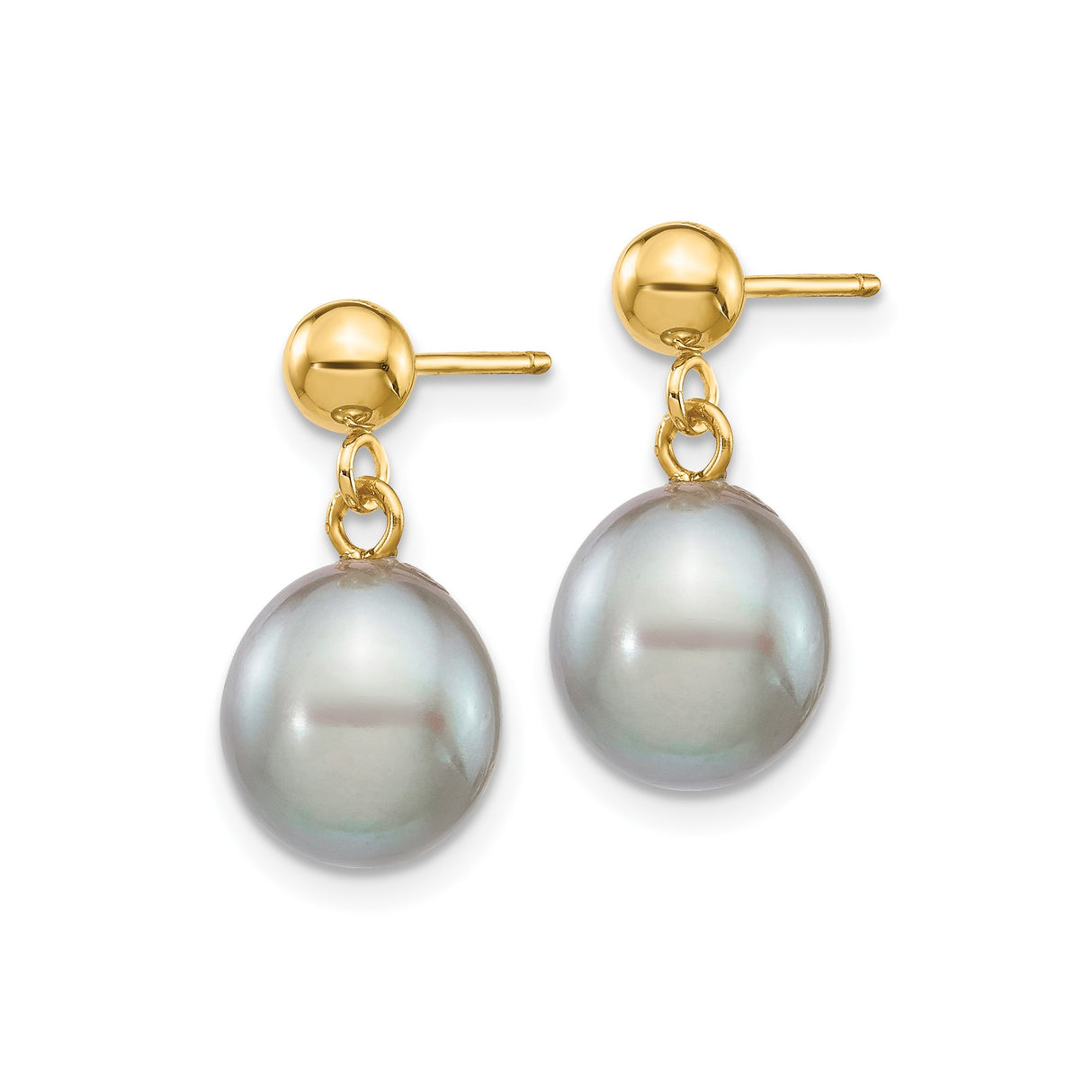14k Yellow Gold Drop Earrings with Gray Cultured Pearls, Minimalist Dangle Design for Women