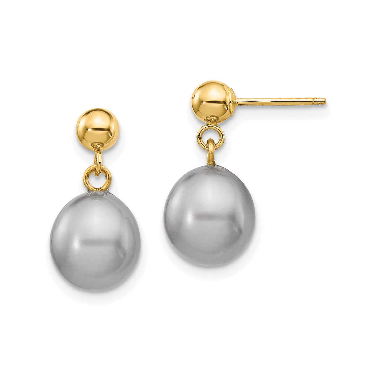 14k Yellow Gold Drop Earrings with Gray Cultured Pearls, Minimalist Dangle Design for Women