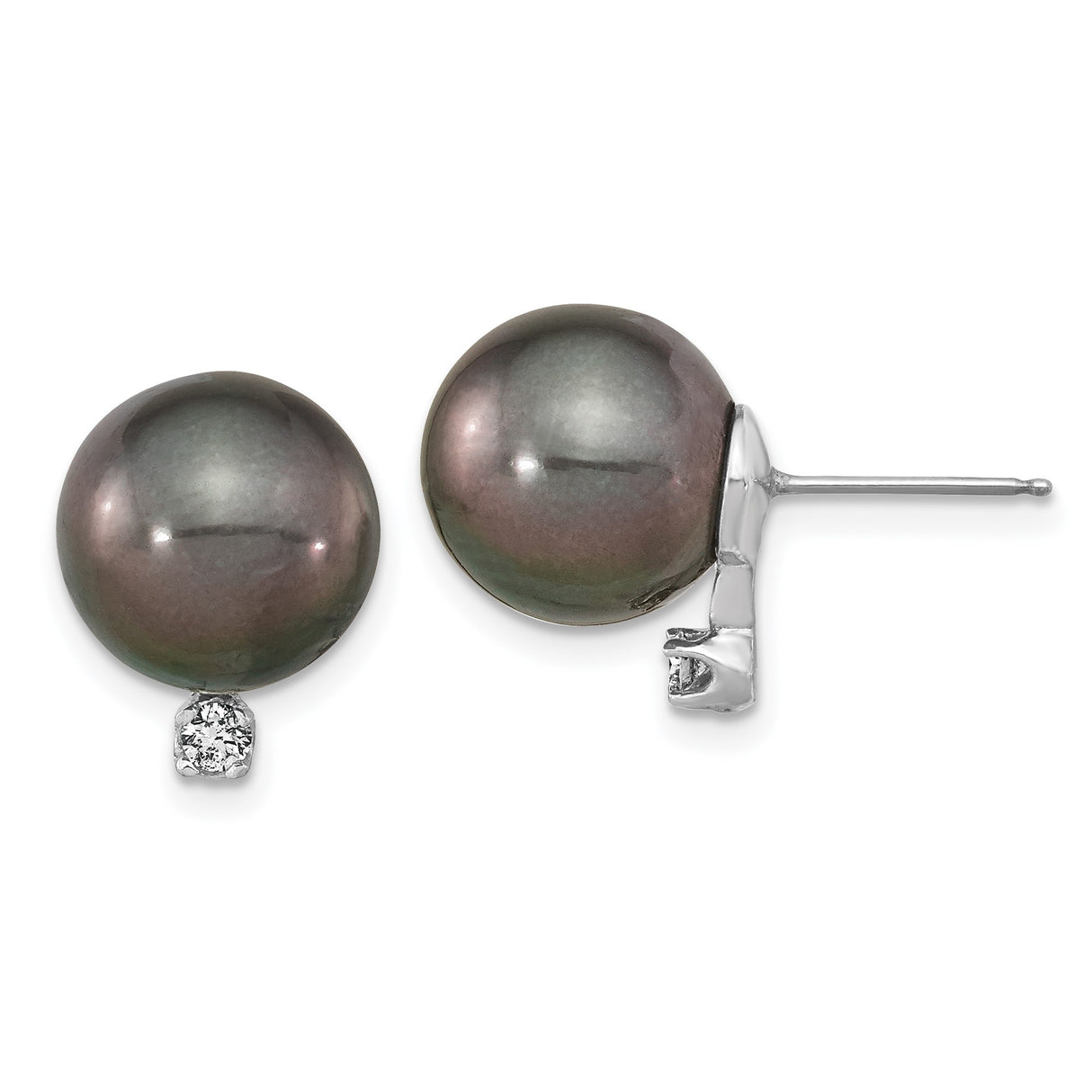 14k White Gold Stud Earrings with Black Pearls and Diamonds, Classic Elegant Design