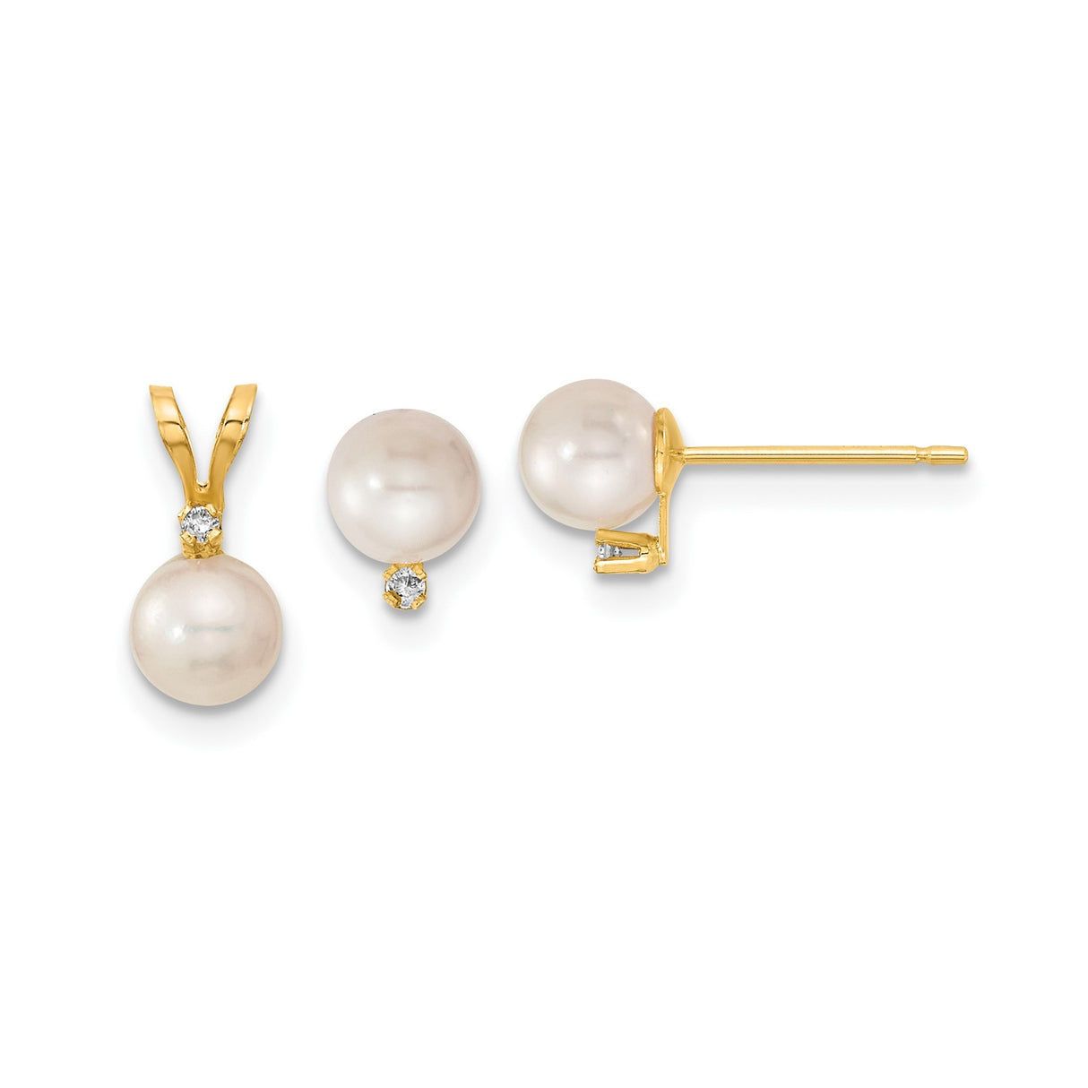 5-6mm Akoya Cultured Pearl Diamond Earrings Charm Pendant in Real 14k Yellow Gold