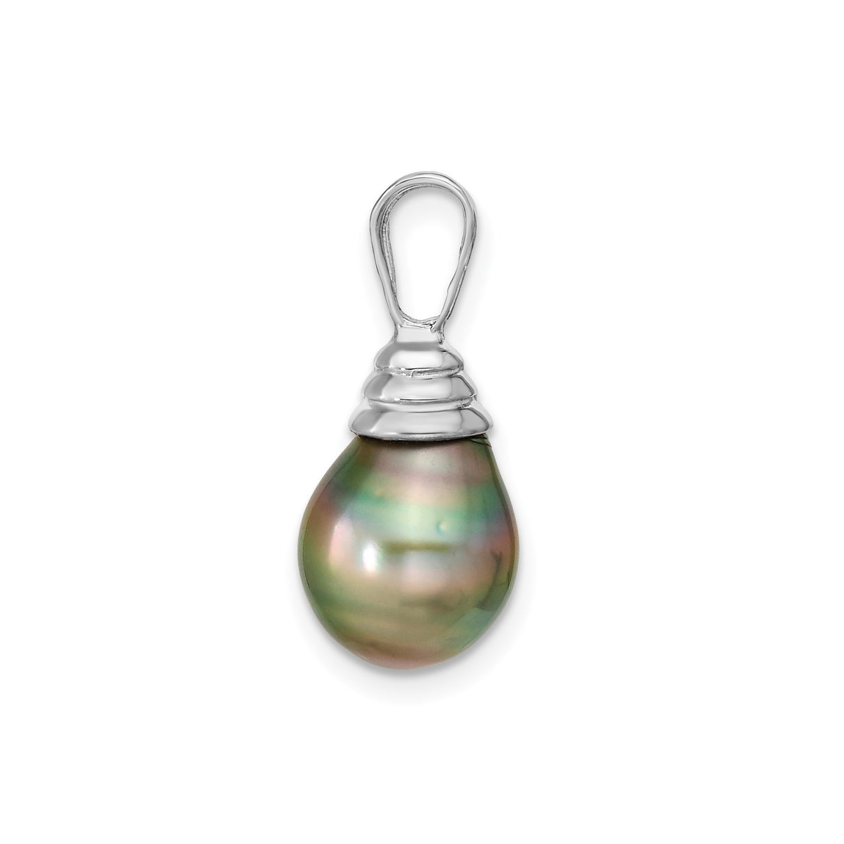 14k White Gold Pendant with Natural Tahitian Black Pearl, Iridescent Drop Design