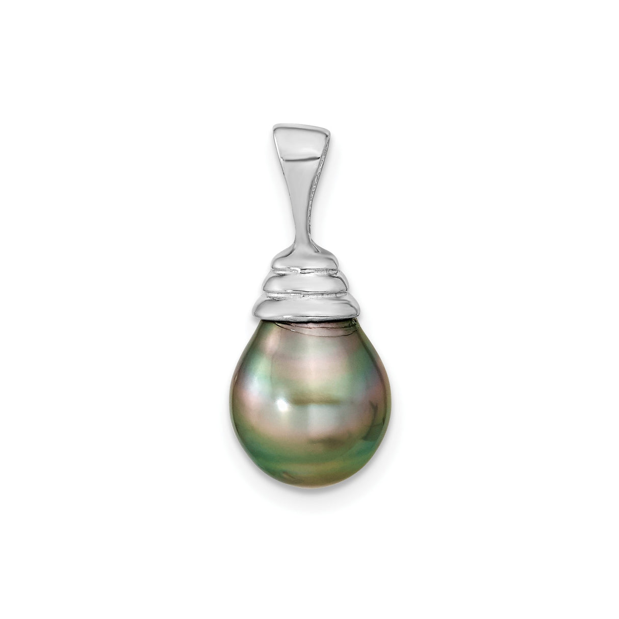 14k White Gold Pendant with Natural Tahitian Black Pearl, Iridescent Drop Design