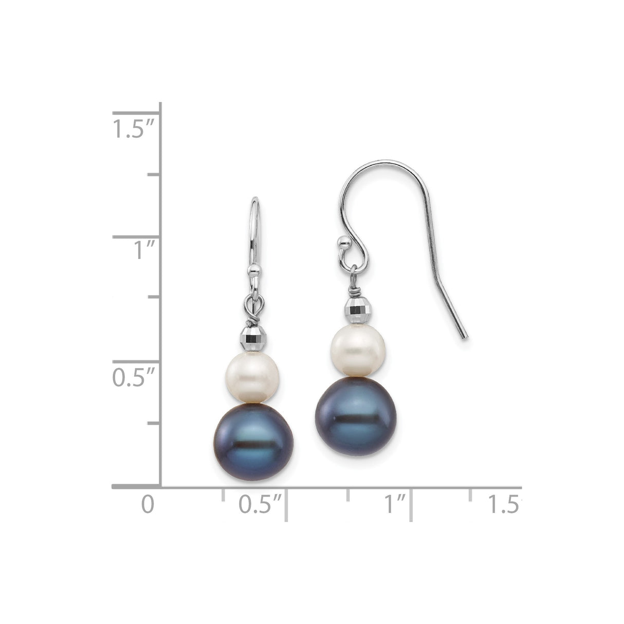 14k White Gold Dangle Earrings with White and Black Cultured Pearls, Metal Bead Accents