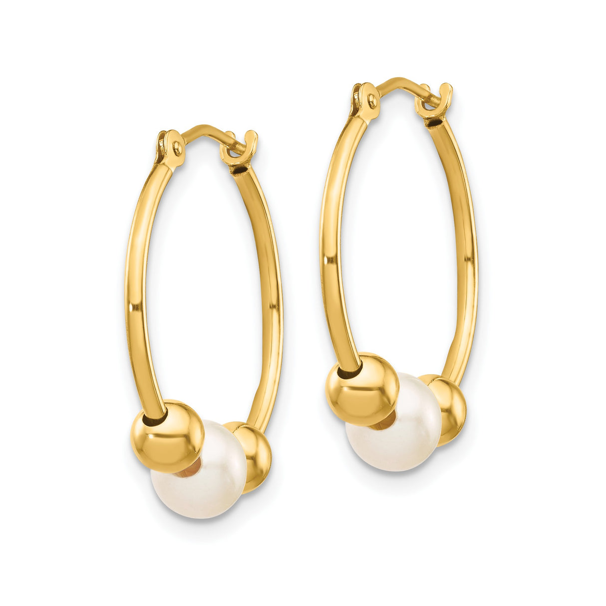 14k Yellow Gold Hoop Earrings with Cultured White Pearls and Polished Gold Beads
