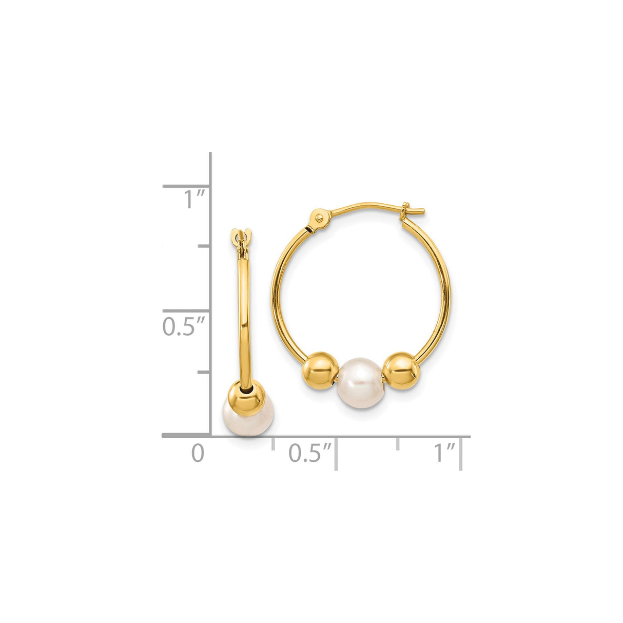 14k Yellow Gold Hoop Earrings with Cultured White Pearls and Polished Gold Beads