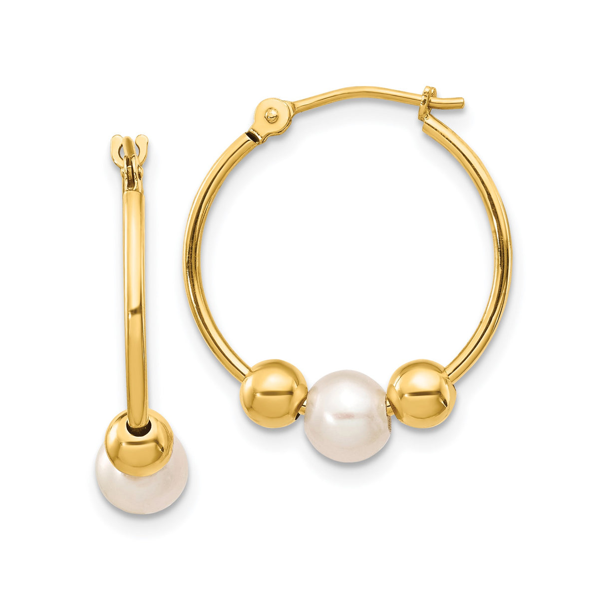 14k Yellow Gold Hoop Earrings with Cultured White Pearls and Polished Gold Beads
