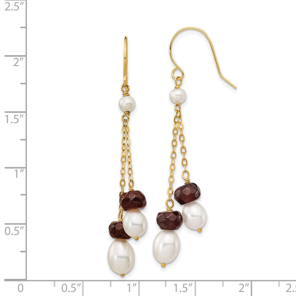 14k Yellow Gold Dangle Earrings with Freshwater Pearls and Garnet, Triple Drop Design