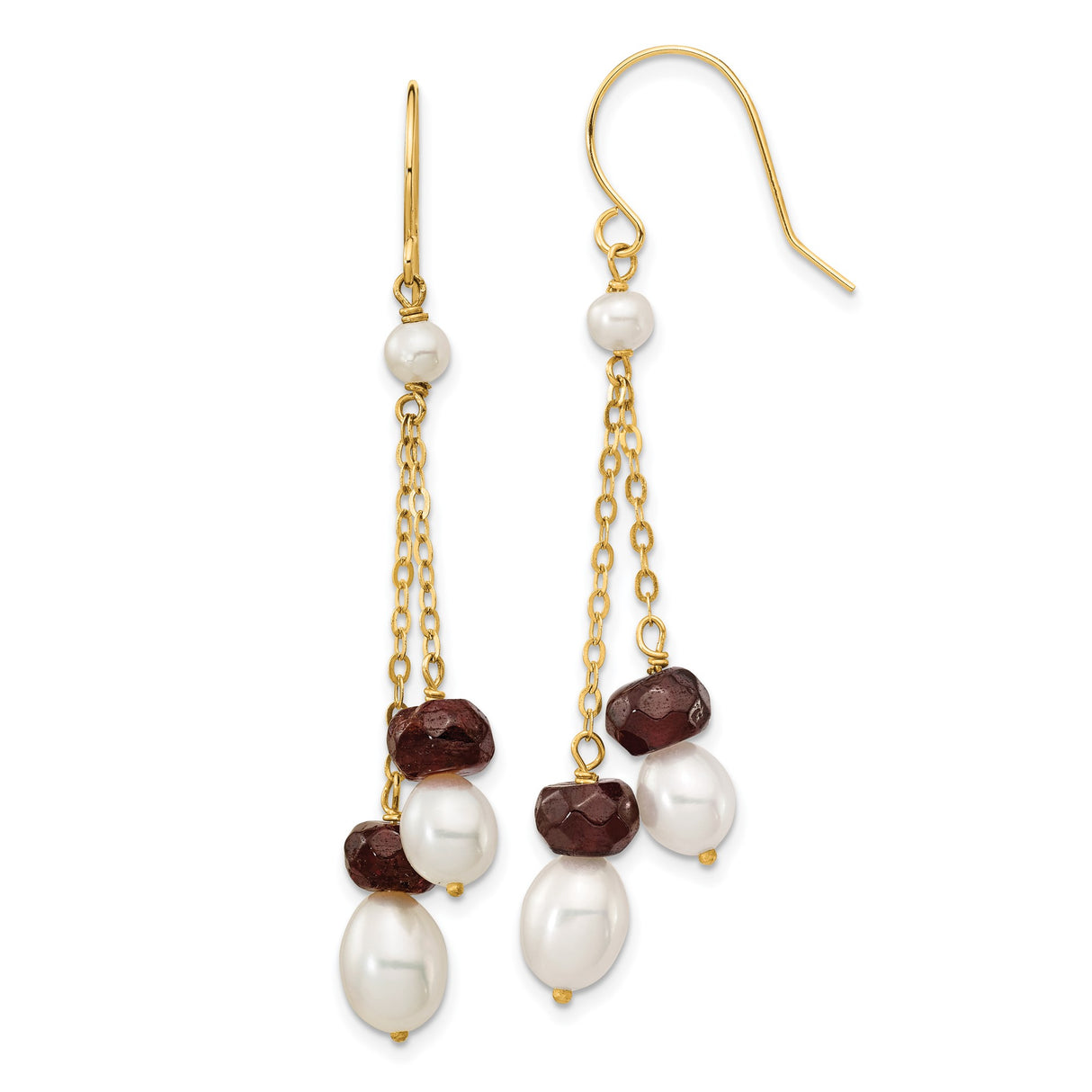 14k Yellow Gold Dangle Earrings with Freshwater Pearls and Garnet, Triple Drop Design