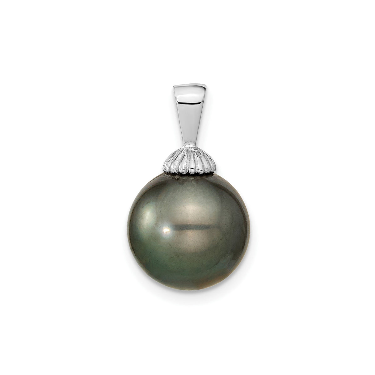 14k White Gold Pendant with Black Tahitian Cultured Pearl, Shell-Inspired Design