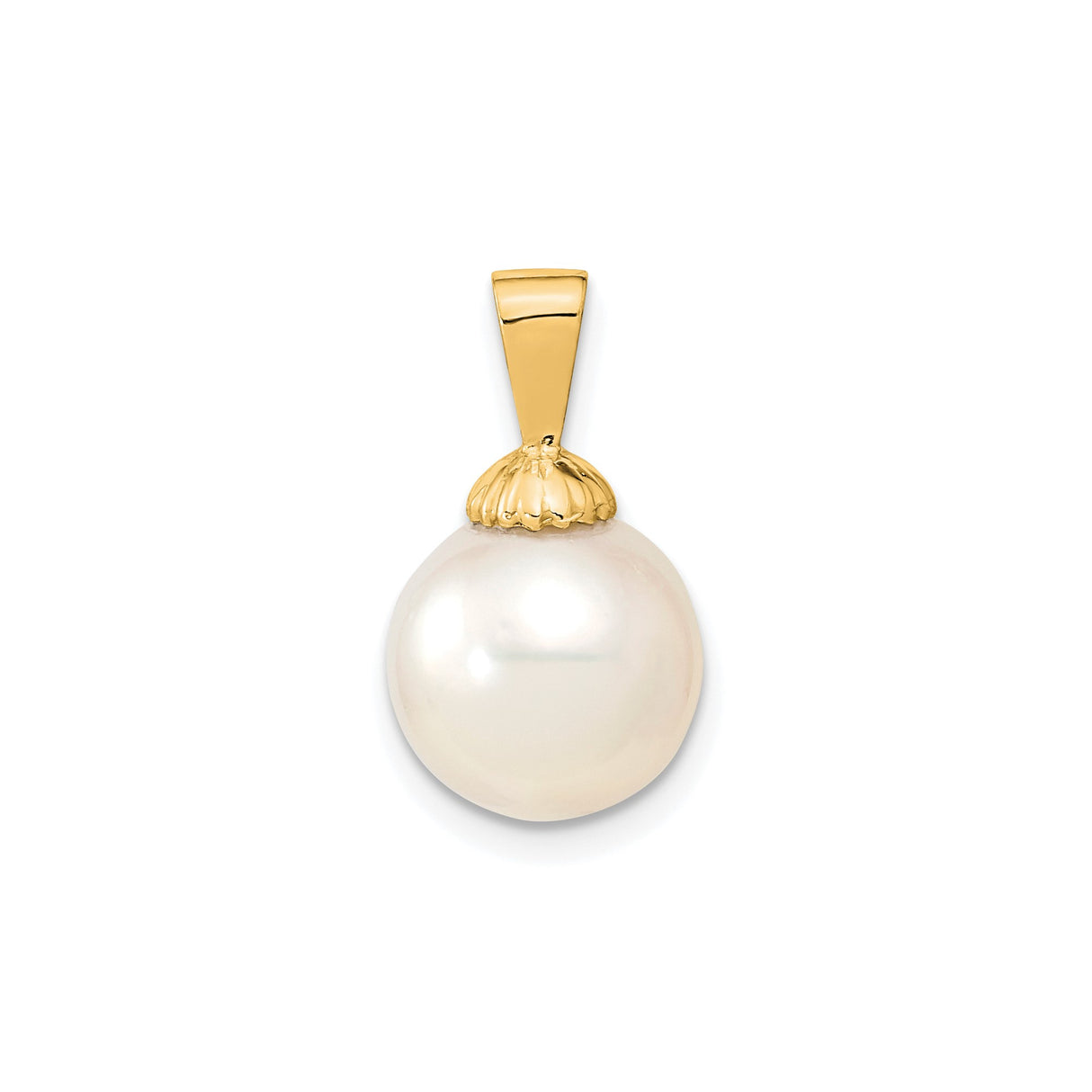 14k Yellow Gold Pendant with White Freshwater Pearl, Floral Cap Design