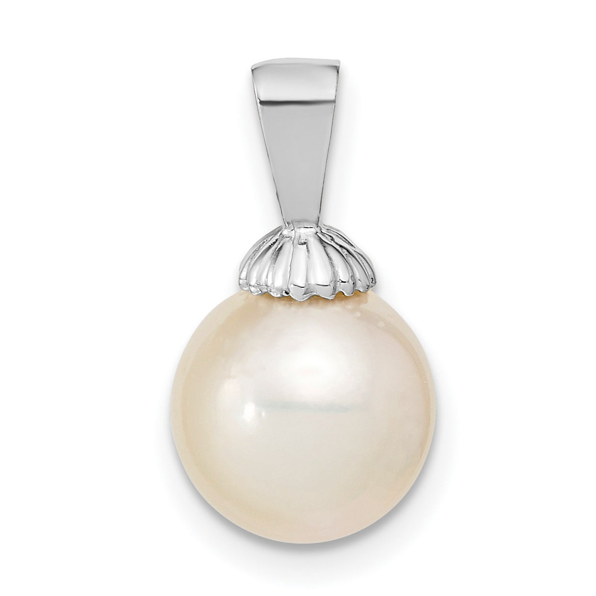 14k White Gold Pendant with Cultured Pearl, Scallop Shell Cap, Minimalist Design