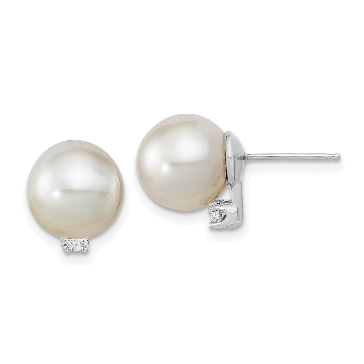 14k White Gold Stud Earrings with Pearl and Diamond Accents, Classic Bridal Style