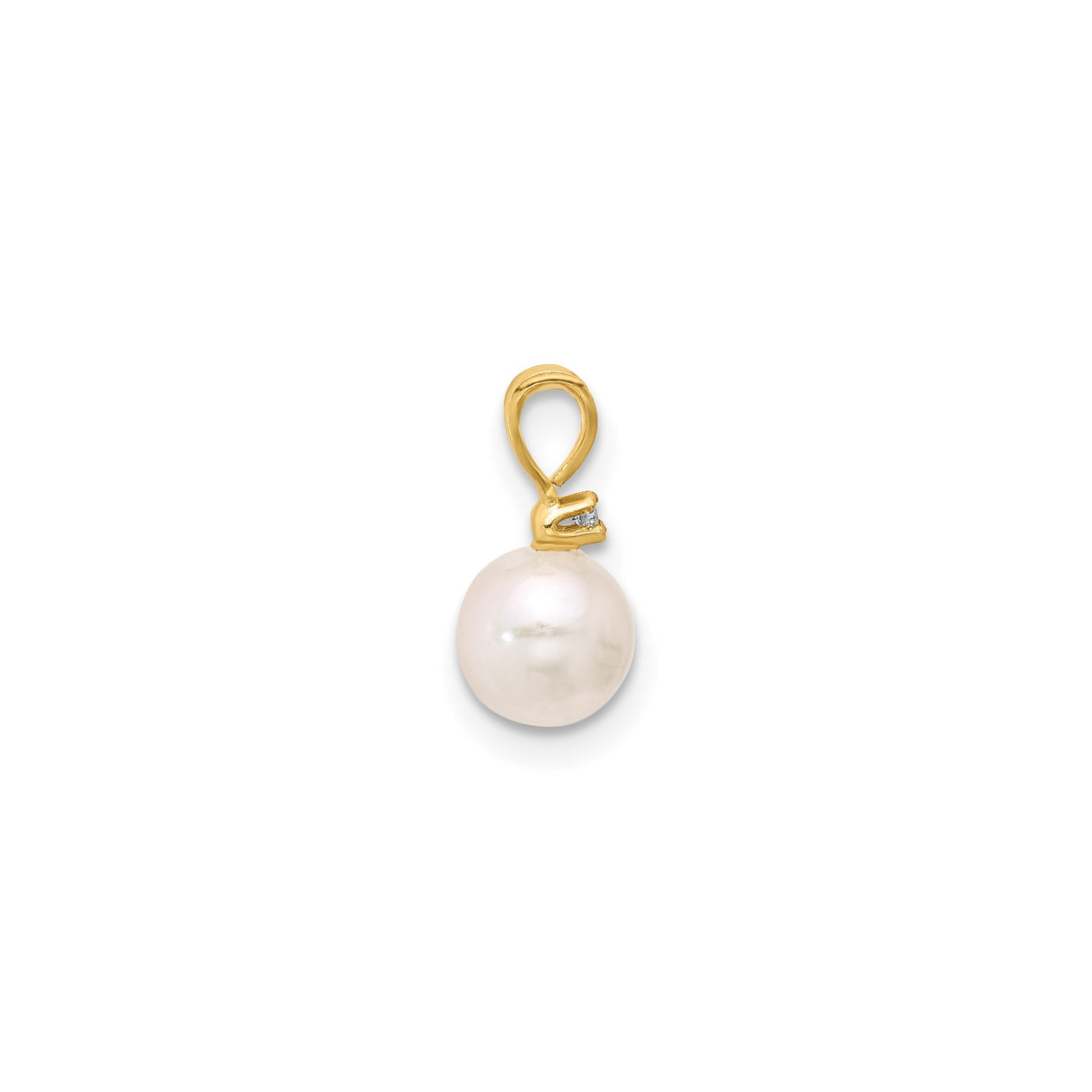 14k Yellow Gold Pendant with White Cultured Pearl and Diamond Accent, V-Shape Bail