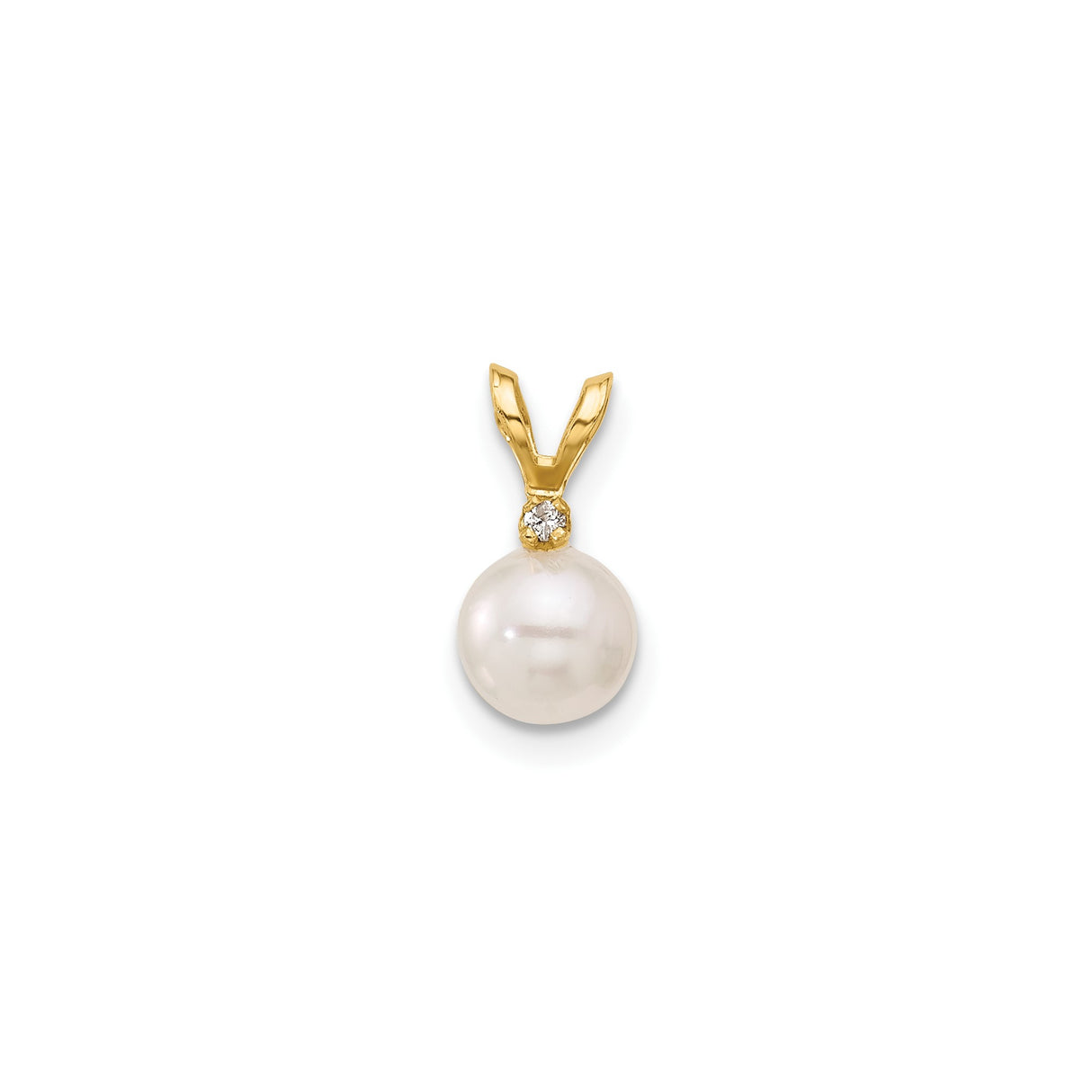 14k Yellow Gold Pendant with White Cultured Pearl and Diamond Accent, V-Shape Bail