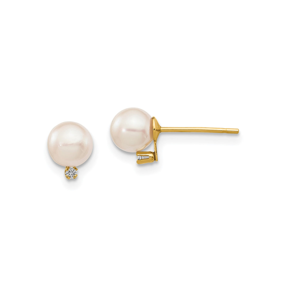 14k Yellow Gold Pearl Stud Earrings with Diamond Accents, Classic Bridal Style