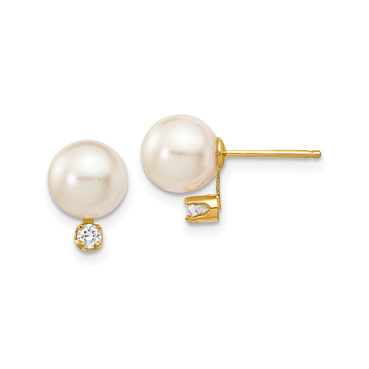 14k Yellow Gold Stud Earrings with Cultured Pearls and Diamond Accents, Classic Bridal Style