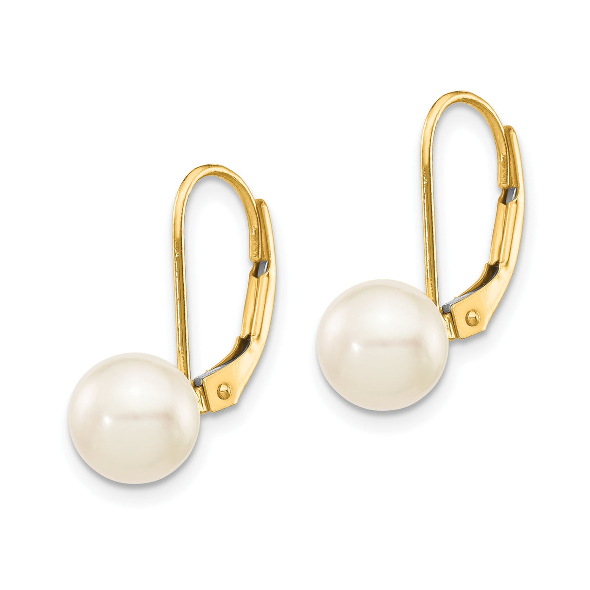 14k Yellow Gold Leverback Earrings with White Round Pearls, Classic Drop Style