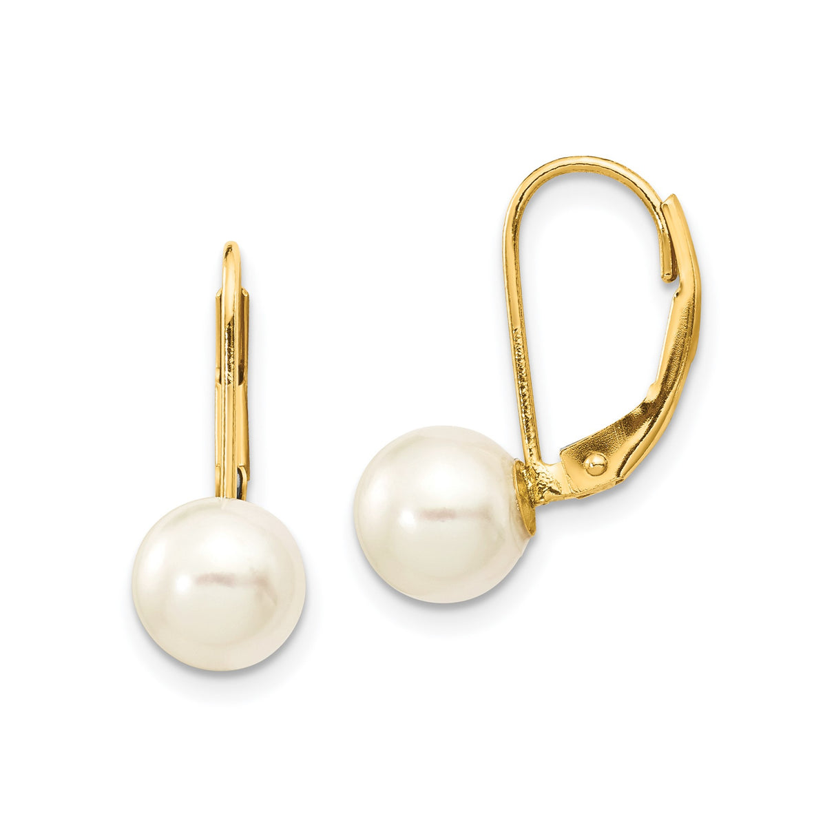 14k Yellow Gold Leverback Earrings with White Round Pearls, Classic Drop Style