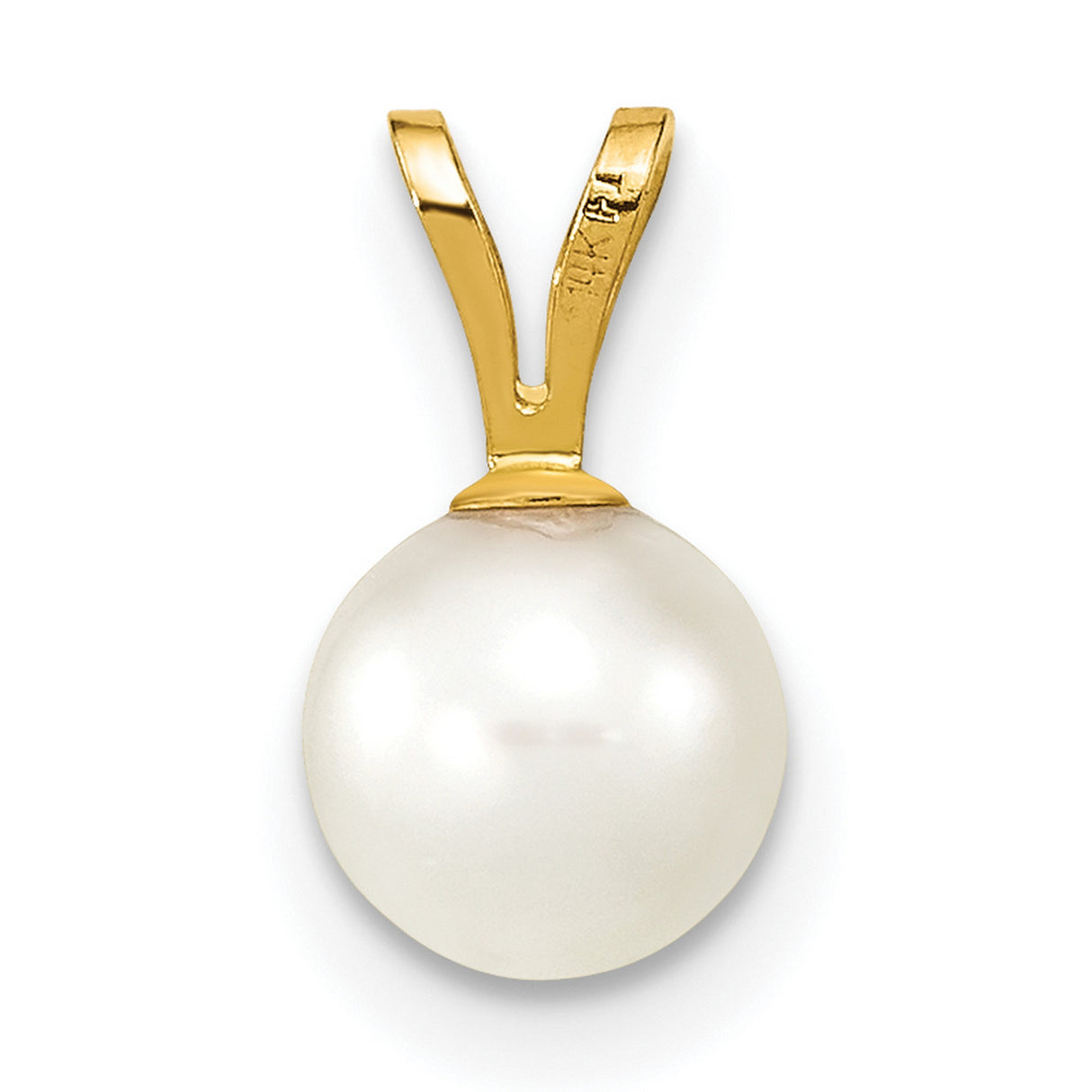 6-7mm White Round Akoya Saltwater Cultured Pearl Charm Pendant in Real 14k Yellow Gold