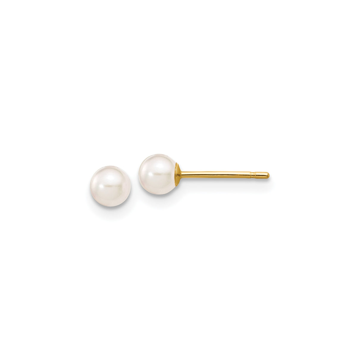 14k Yellow Gold Stud Earrings with White Round Pearls, Classic Timeless Design for Women